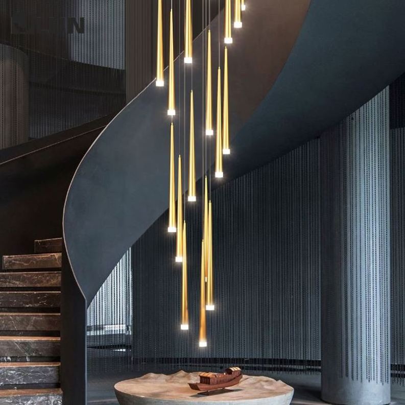 Modern Luxury Long Chandelier Simple Stair Led Chandelier Duplex Building Villa Loft Apartment Stairwell Rotating Chandelier