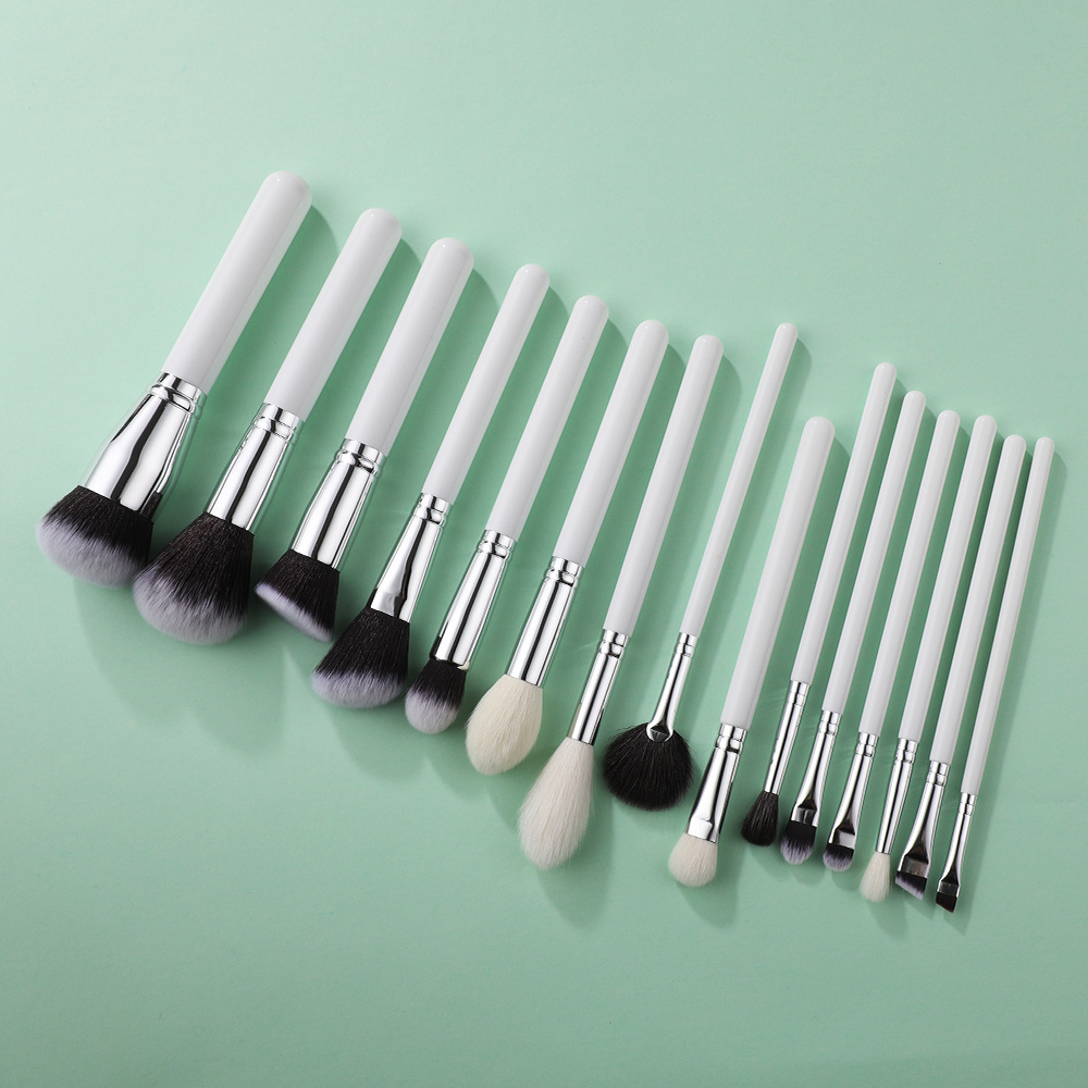 Mona Full set of professional White high quality goat synthetic hair wooden handle face eye bling custom pro make up brushes