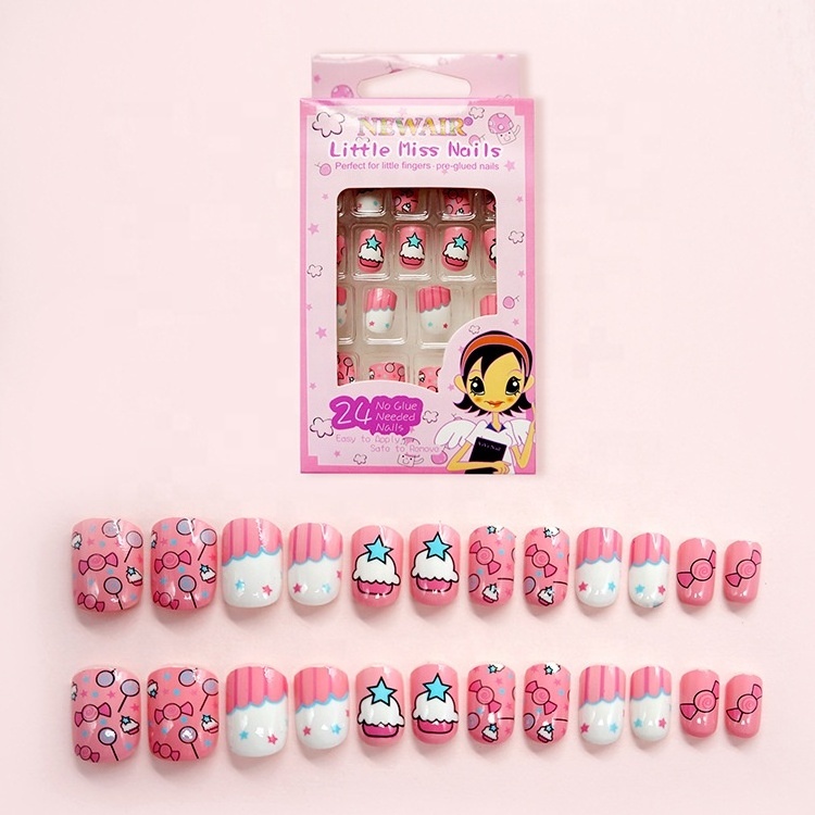 24pcs/box Pre-glue Plating Full Cover Short Children Kids Nail Salon False Nails Cute Kids Press on Nails