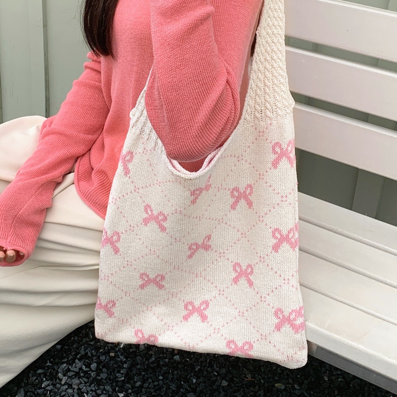 2024 Butterfly Bow Color Blocking Crochet Tote Bag Large Capacity Fashion Beach Bag Commute Knitted Bag Cute Purse Y2k Gift