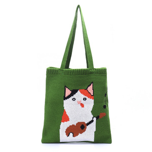 Hot Sale Japan Style Cute Cat Cartoon Knitted Bag Crochet Girl's Book Shoulder Tote Bags