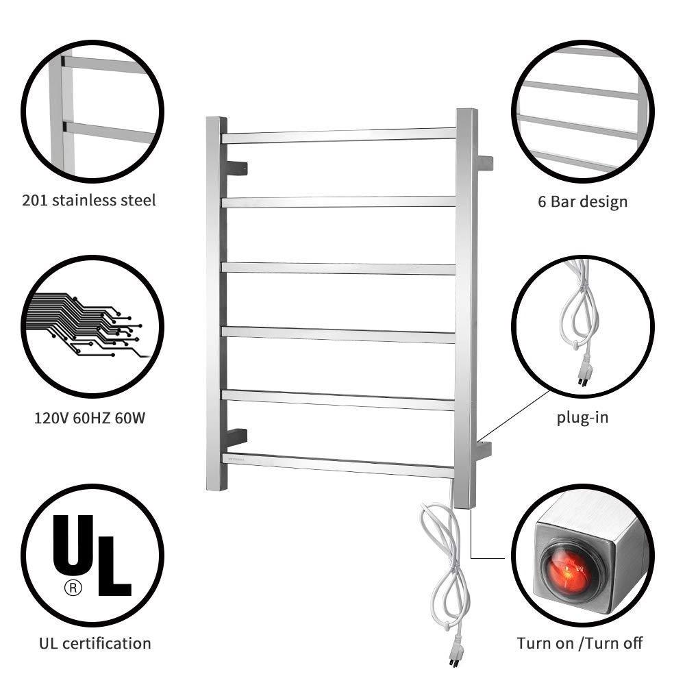 Towel Warmers Heated Towel Rail Square Bars Stainless Steel Towel Racks for Bathroom (Polish Chrome)