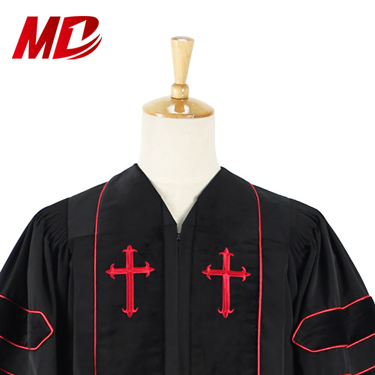 Wholesale Cheap Polyester Fluting Choir Robe Divinity Clergy Robes with Red Embroidered Cross