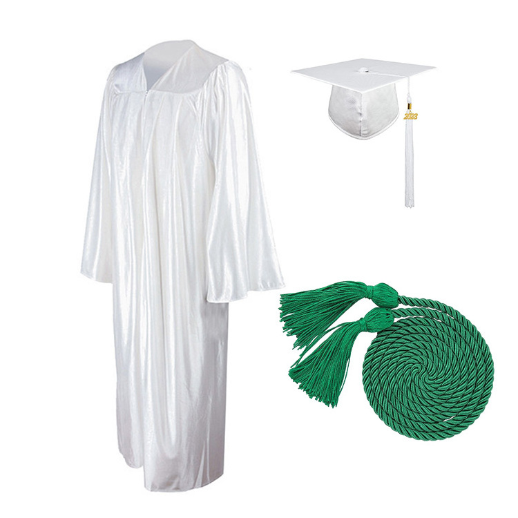 High School Shiny Cheap Adult White Graduation gown and cap