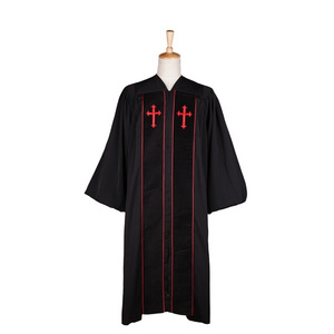 Wholesale Customized Black Piping Cleric Clergy Robes with Red Embroidered Cross