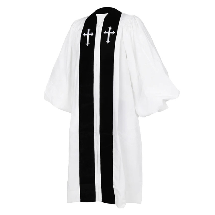 High Quality White Cross Clergy Robes Cassock Prayer Robes With Velvet Panels