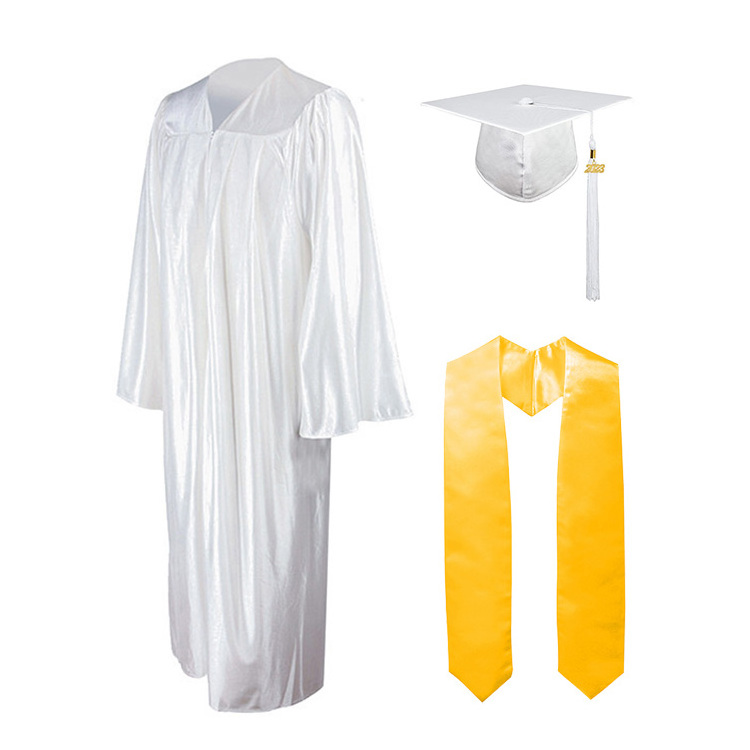 High School Shiny Cheap Adult White Graduation gown and cap