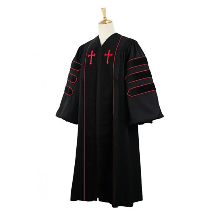 Wholesale Cheap Polyester Fluting Choir Robe Divinity Clergy Robes with Red Embroidered Cross