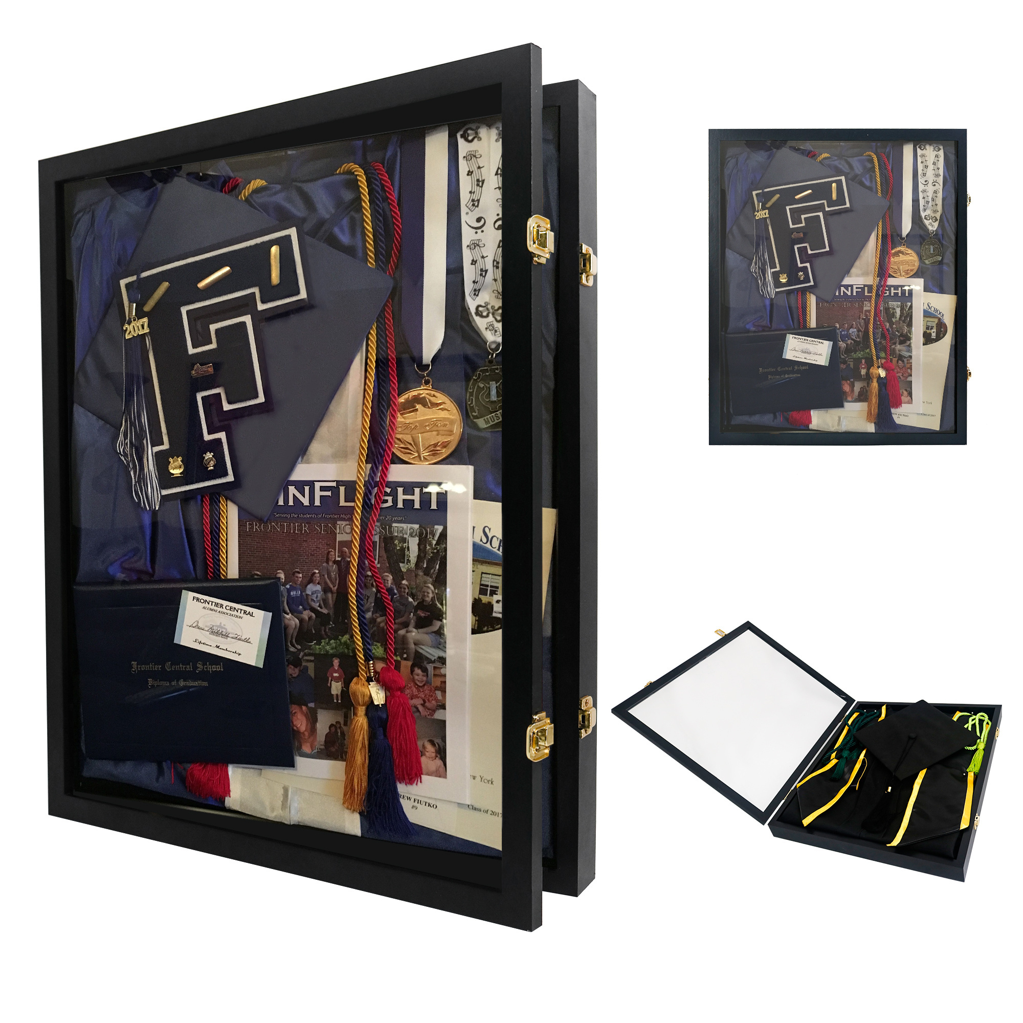 Custom Large Black Graduation Shadow Box Frame Tassel Photo Stole Cap Gown Display Case Wood with Locks