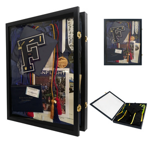 Custom Large Black Graduation Shadow Box Frame Tassel Photo Stole Cap Gown Display Case Wood with Locks