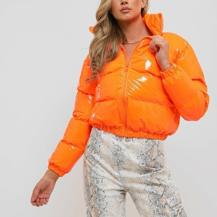 2022 New arrivals Women Shiny Wet Look Vinyl Thick Puffer Padded Cropped Short Coat Bright Orange Fashion Warm Winter Jacket