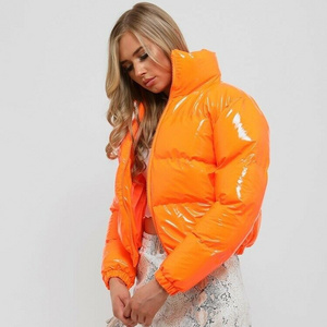 2022 New arrivals Women Shiny Wet Look Vinyl Thick Puffer Padded Cropped Short Coat Bright Orange Fashion Warm Winter Jacket