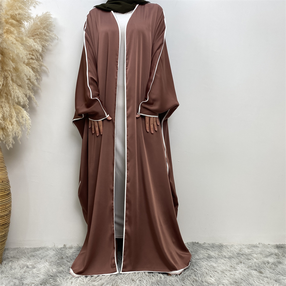 6688# New arrive smooth satin batwing sleeve open abaya with white line muslim women eid ramadan basic abayas cardigan 6 colors