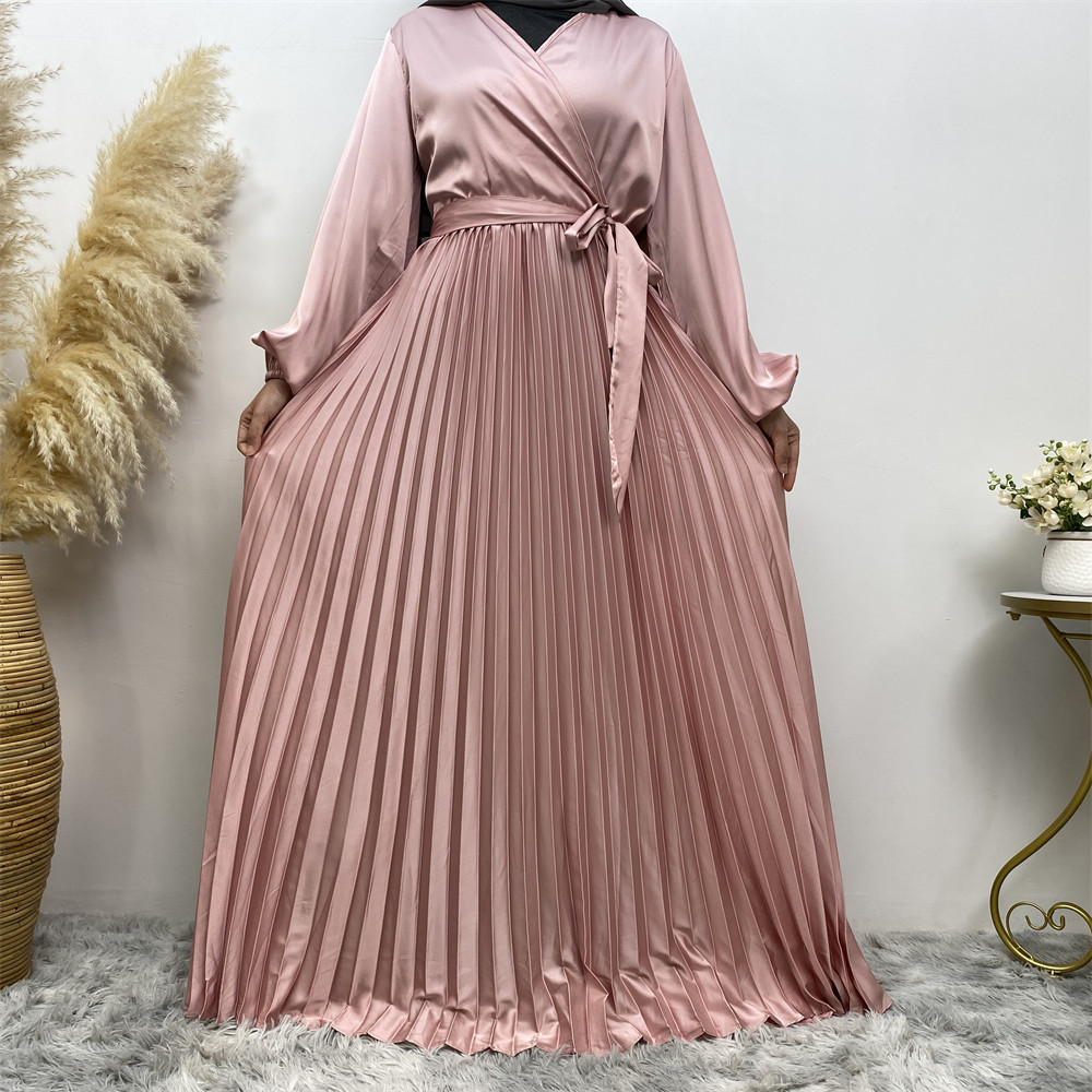 Pleated Party Dress Wrap Dresses 6377# Popular Summer Elasticated Sleeves Thin Satin with Belt for Muslim Women Eid 6 Colors