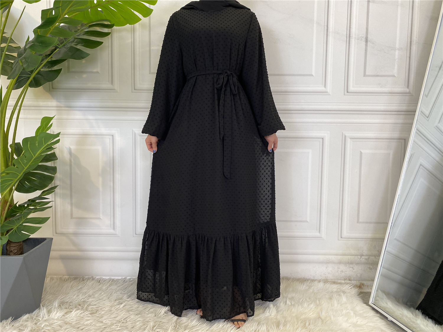 6294# Elegant Pink Peplum Abaya Loose Dress Fitting With a Belt Tailoring Islamic Clothing Abaya Dresses for Muslim Women