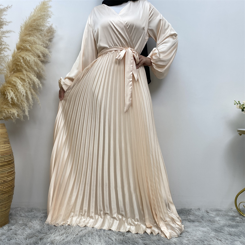 Pleated Party Dress Wrap Dresses 6377# Popular Summer Elasticated Sleeves Thin Satin with Belt for Muslim Women Eid 6 Colors