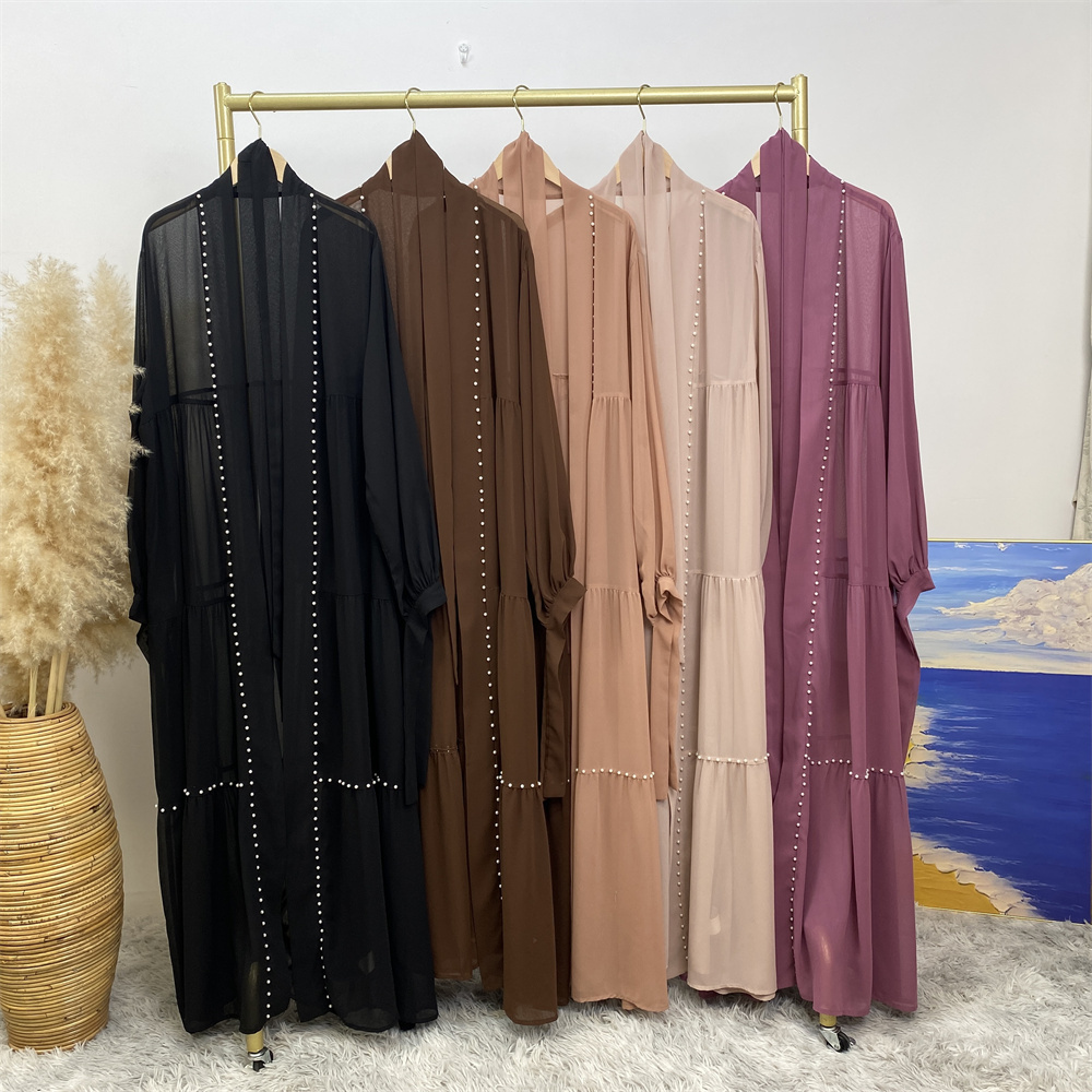 1964# Summer lightweight single piece chiffon open abaya with white pearls tie belt long sleeves dubai abayas 5 colors