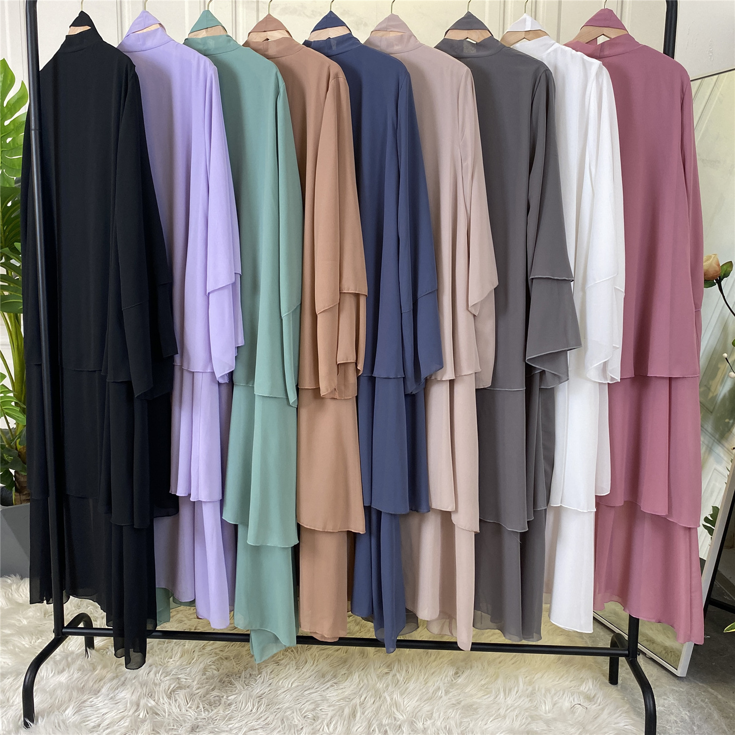 1896# 3 Layer Chiffon Solid Open Abaya Kimono Dubai Turkey Kaftan Cardigan Muslim Dresses For Women Islamic Clothing