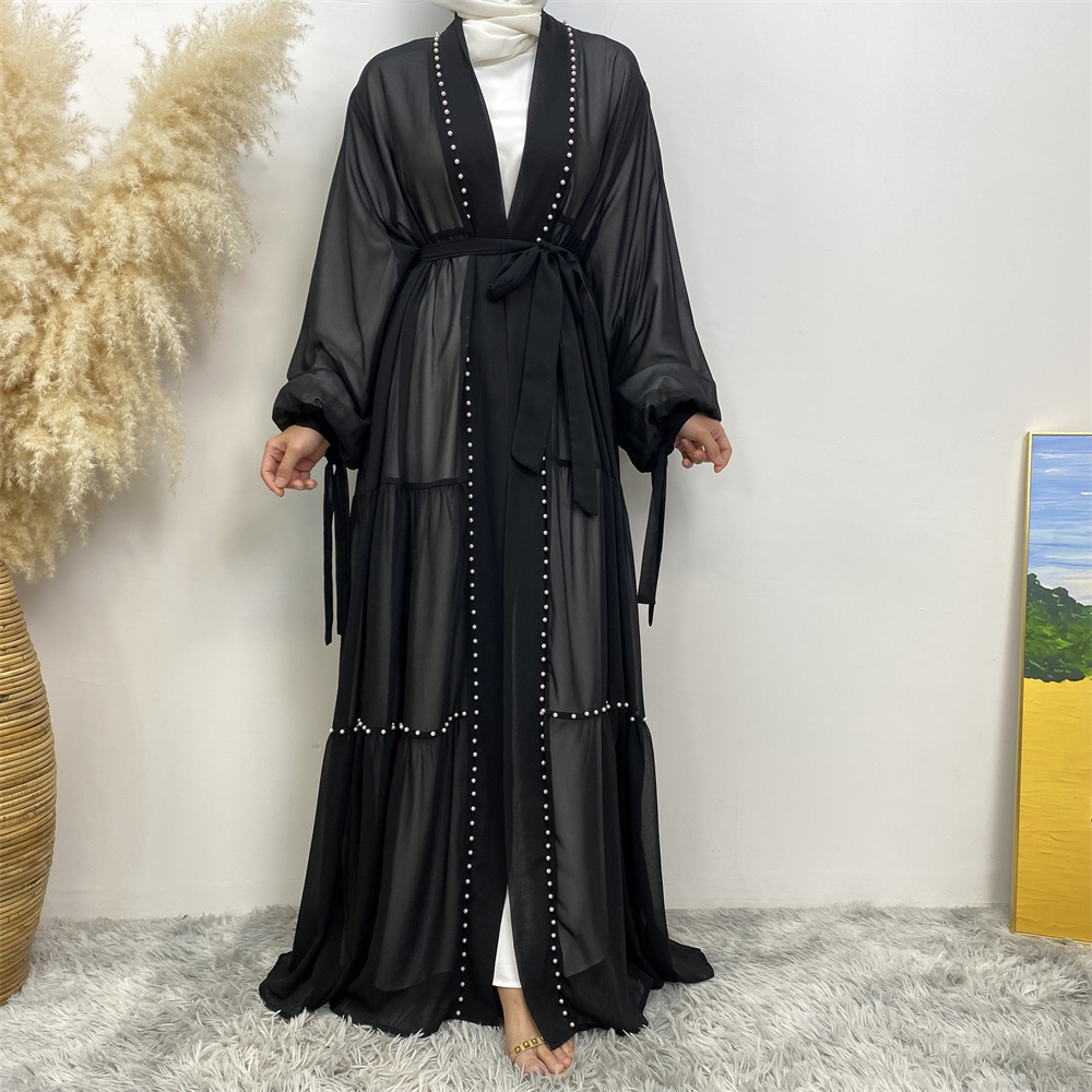 1964# Summer lightweight single piece chiffon open abaya with white pearls tie belt long sleeves dubai abayas 5 colors