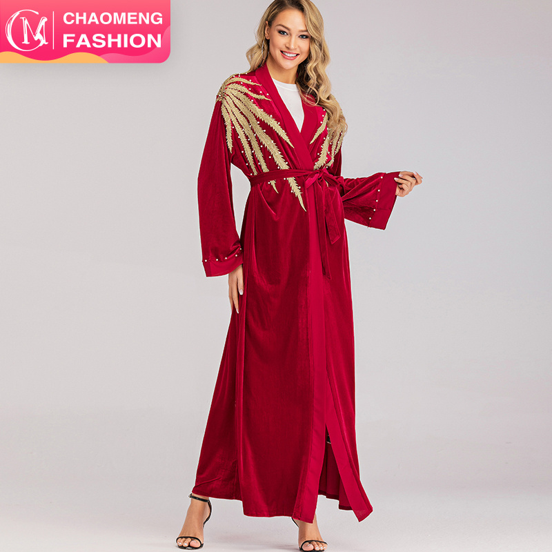 1701# Women's Abaya Lace Patched Beading Long Sleeve Open Front Velvet Abaya In Dubai