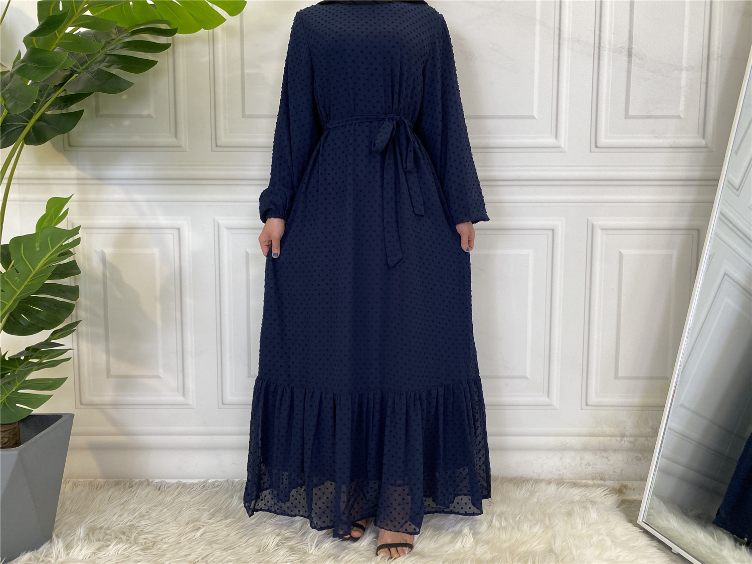 6294# Elegant Pink Peplum Abaya Loose Dress Fitting With a Belt Tailoring Islamic Clothing Abaya Dresses for Muslim Women