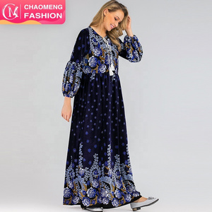 6245# Wholesale dubai abaya fashion young women printed velvet long dress abaya