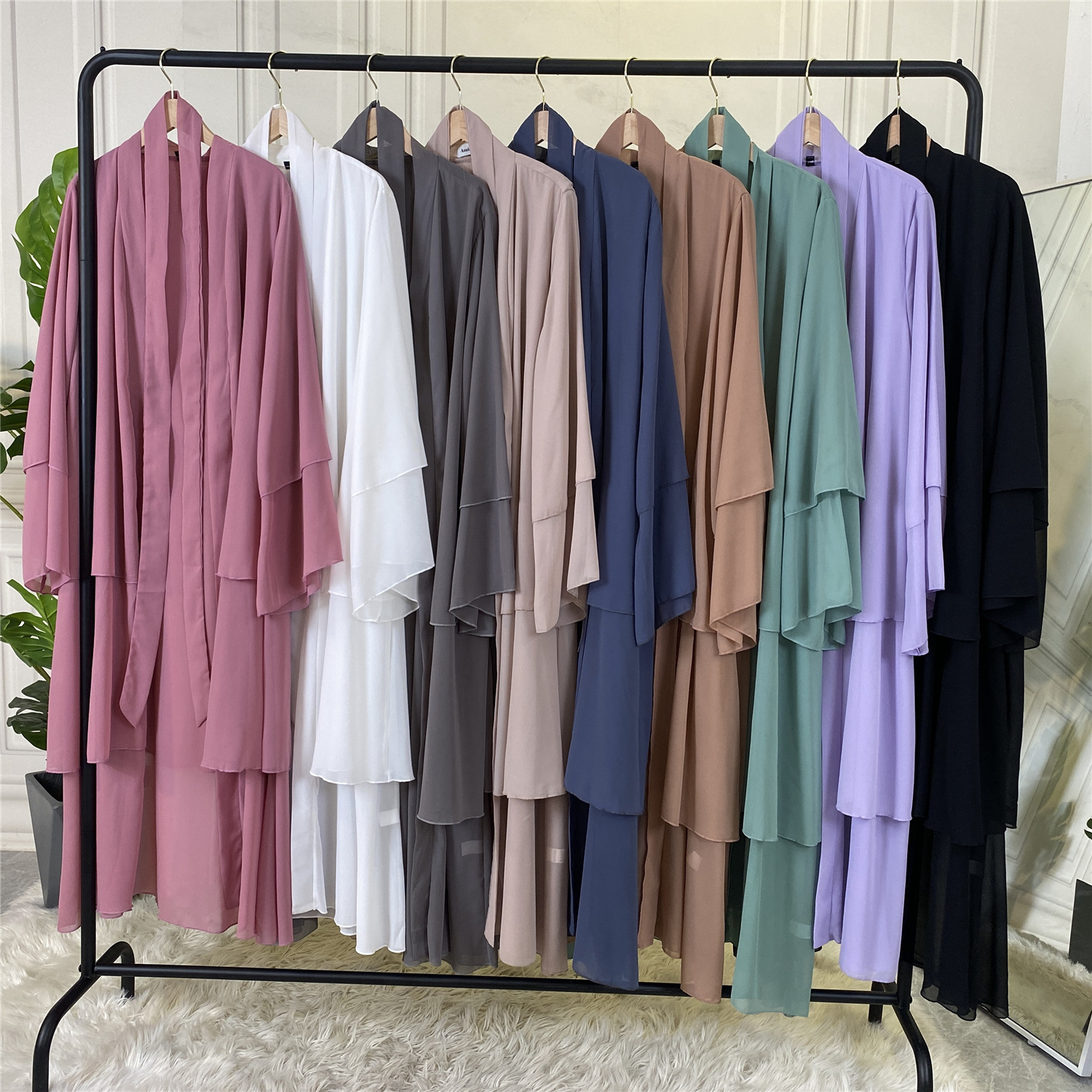 1896# 3 Layer Chiffon Solid Open Abaya Kimono Dubai Turkey Kaftan Cardigan Muslim Dresses For Women Islamic Clothing