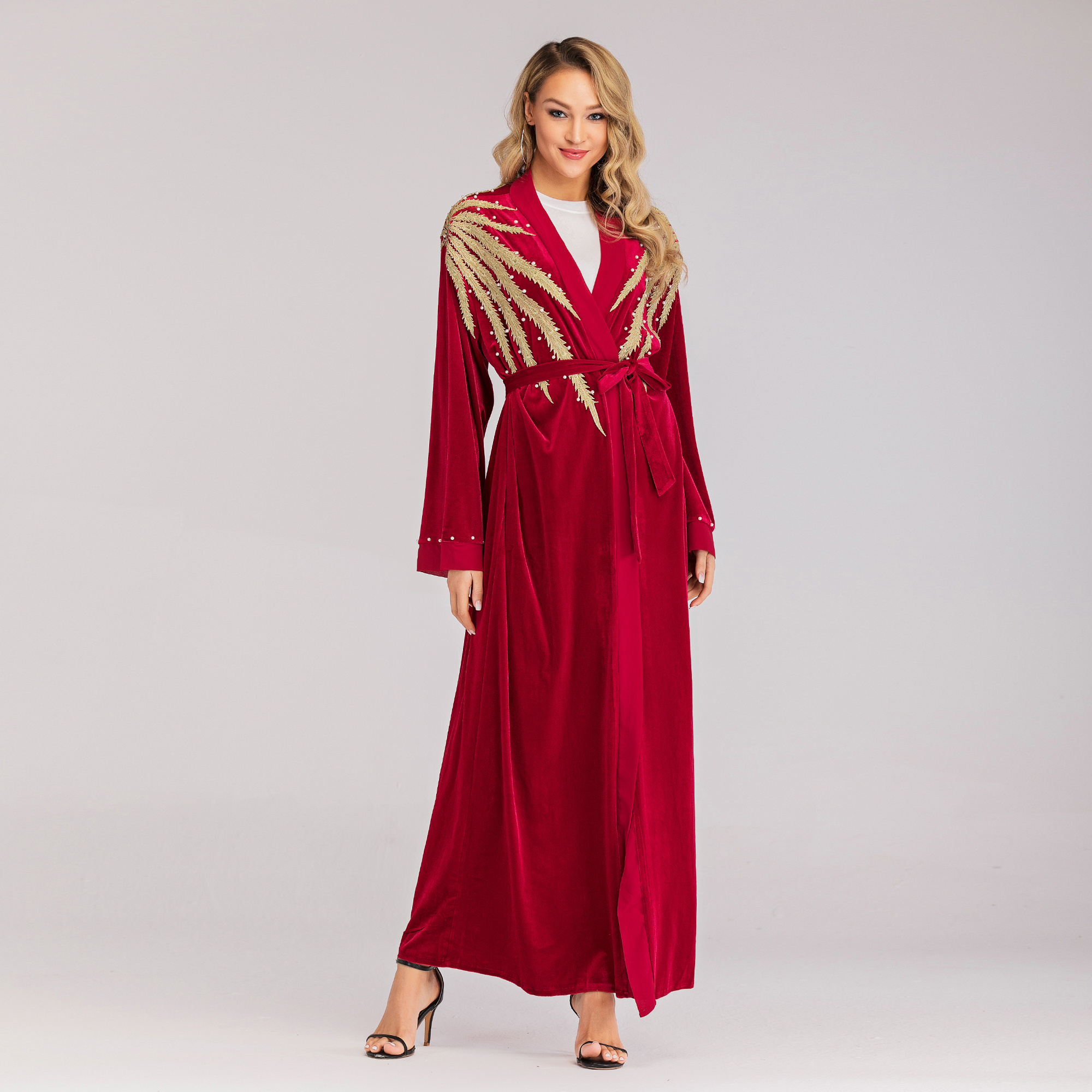 1701# Women's Abaya Lace Patched Beading Long Sleeve Open Front Velvet Abaya In Dubai