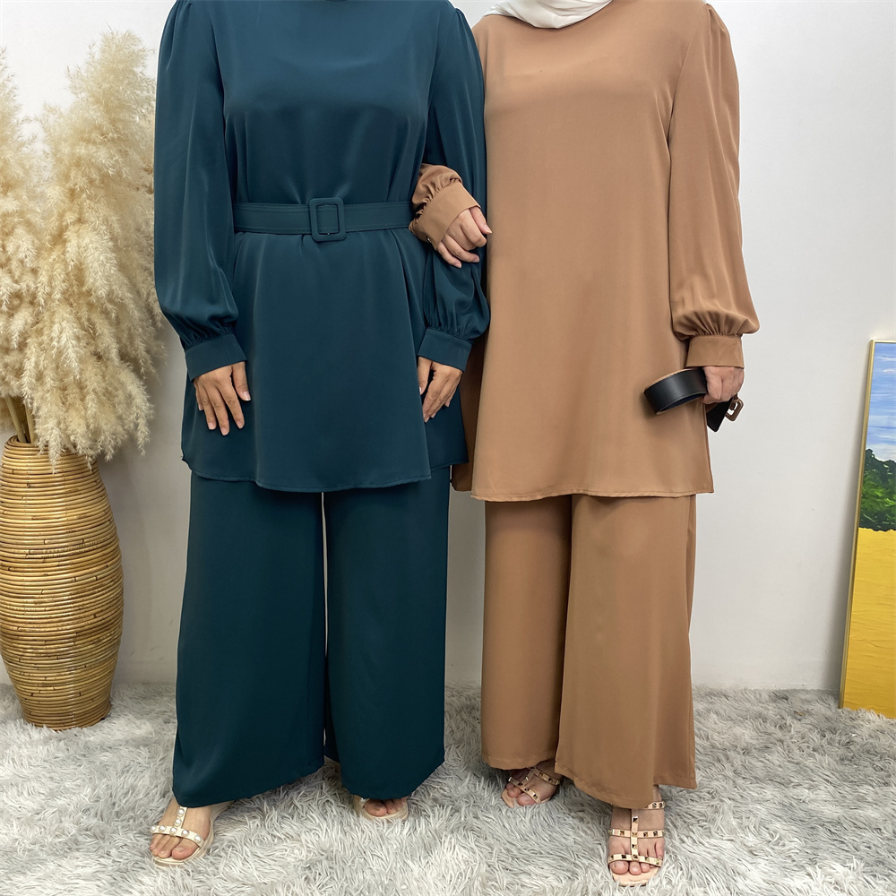 2335+9003# Modest nida 2 piece sets Turkish suits for women solid color abaya dress blouse top and pants with pockets belt