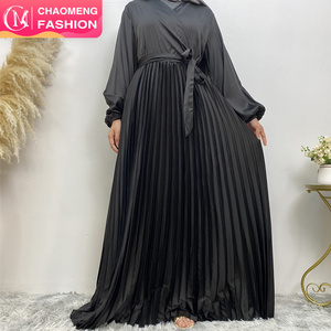 Pleated Party Dress Wrap Dresses 6377# Popular Summer Elasticated Sleeves Thin Satin with Belt for Muslim Women Eid 6 Colors