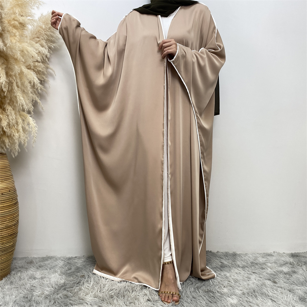 6688# New arrive smooth satin batwing sleeve open abaya with white line muslim women eid ramadan basic abayas cardigan 6 colors