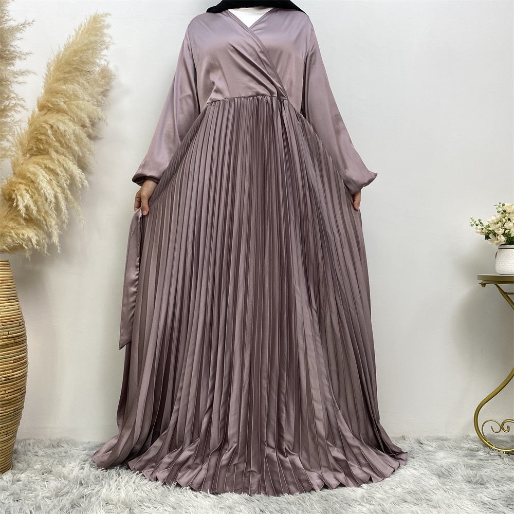 Pleated Party Dress Wrap Dresses 6377# Popular Summer Elasticated Sleeves Thin Satin with Belt for Muslim Women Eid 6 Colors