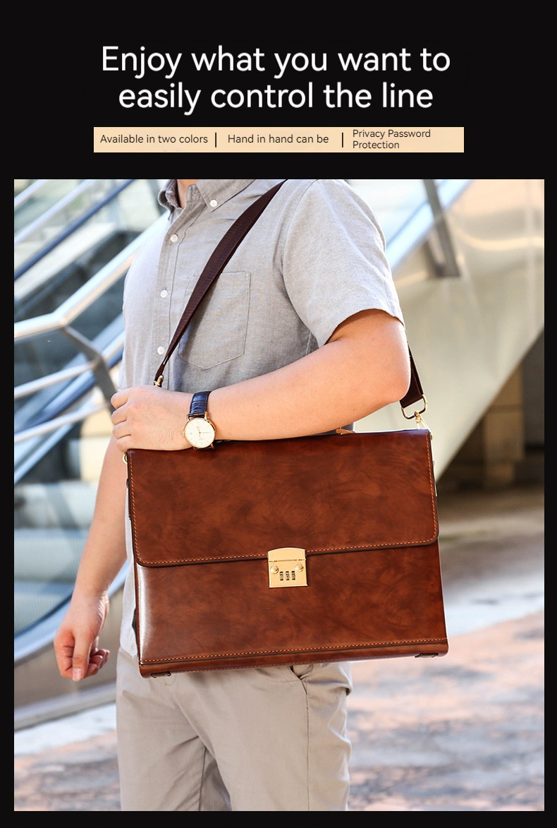 Vintage Large Capacity Men's Bag Business Bag Horizontal Combination Lock  Single Shoulder Bag Pu Leather Briefcase for Man