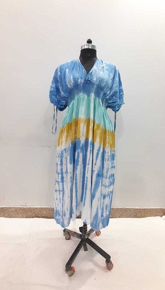 Casual Summer Dress Hand Tie Dyed Women  Rayon Crinkle Long Maxi Standard V-neck Dress Manufacturer Price