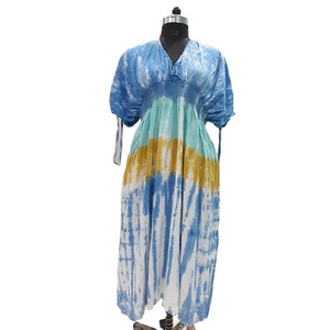 Casual Summer Dress Hand Tie Dyed Women  Rayon Crinkle Long Maxi Standard V-neck Dress Manufacturer Price