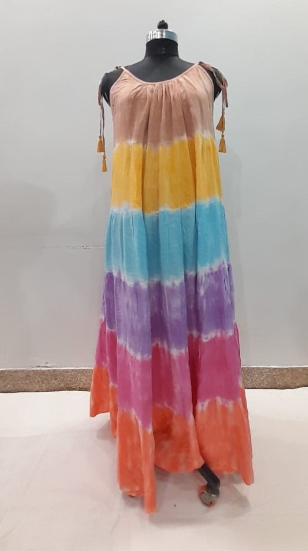 Casual Summer Hand Tie Dyed Women Dress  Rayon Crinkle Long Maxi Standard Dress Manufacturer Low Price Full customizable