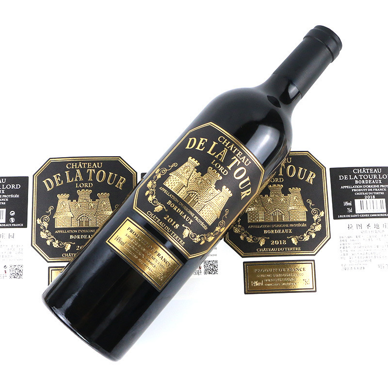 Customized brand Champagne sticker embossed gold foil red wine waterproof dry film label customized logo