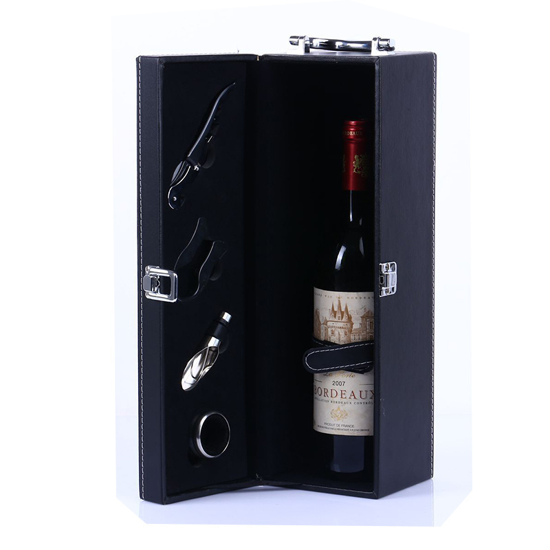 Custom Luxury Single Pack Red Wine and Champagne Set Four-Piece Wood Wine Box with PU Leather for Tea Beer Brandy