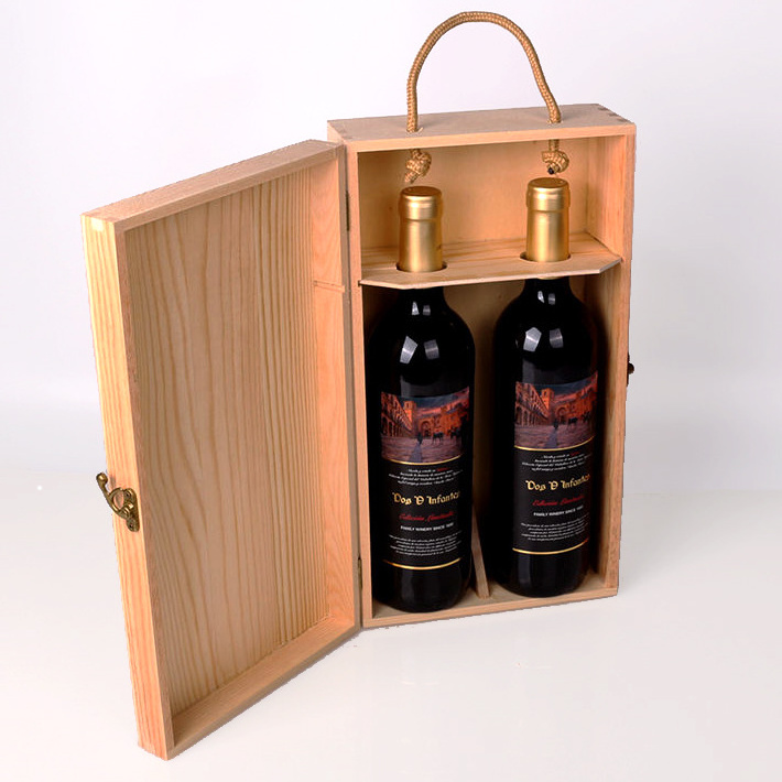 OEM factory custom wooden and bamboo red wine packaging gift box double support wine portable wine box with rope handle