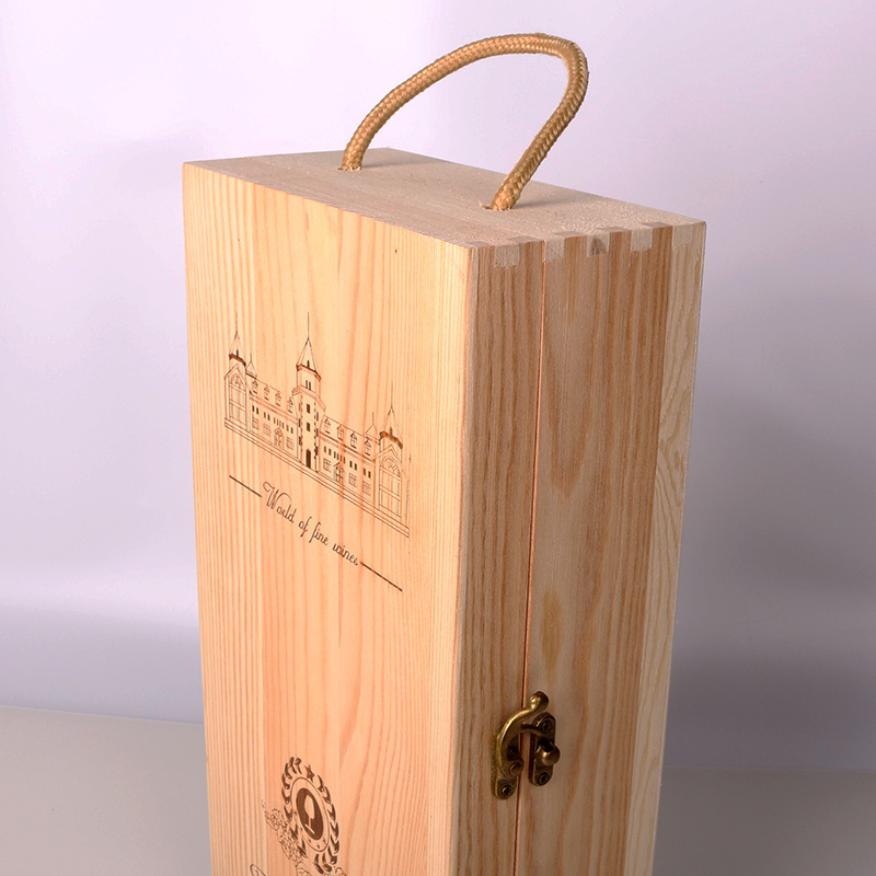 OEM factory custom wooden and bamboo red wine packaging gift box double support wine portable wine box with rope handle