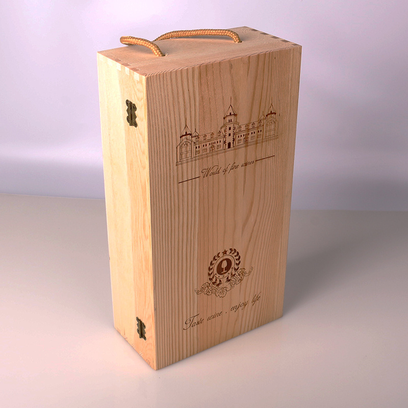 OEM factory custom wooden and bamboo red wine packaging gift box double support wine portable wine box with rope handle