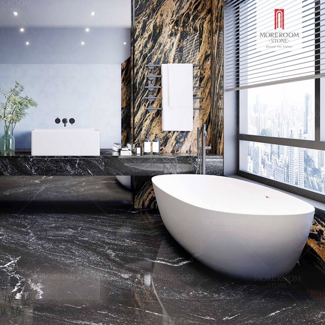 Galaxy Black 3200x1600x6mm Porcelain Polished Glazed Marble Look Slab Tile For Wall And Floor Decoration