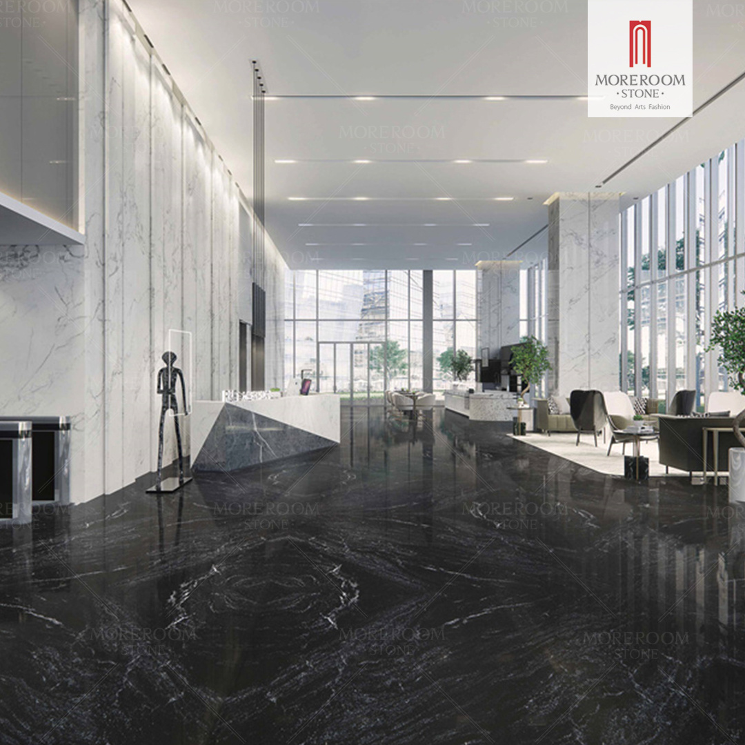 Galaxy Black 3200x1600x6mm Porcelain Polished Glazed Marble Look Slab Tile For Wall And Floor Decoration