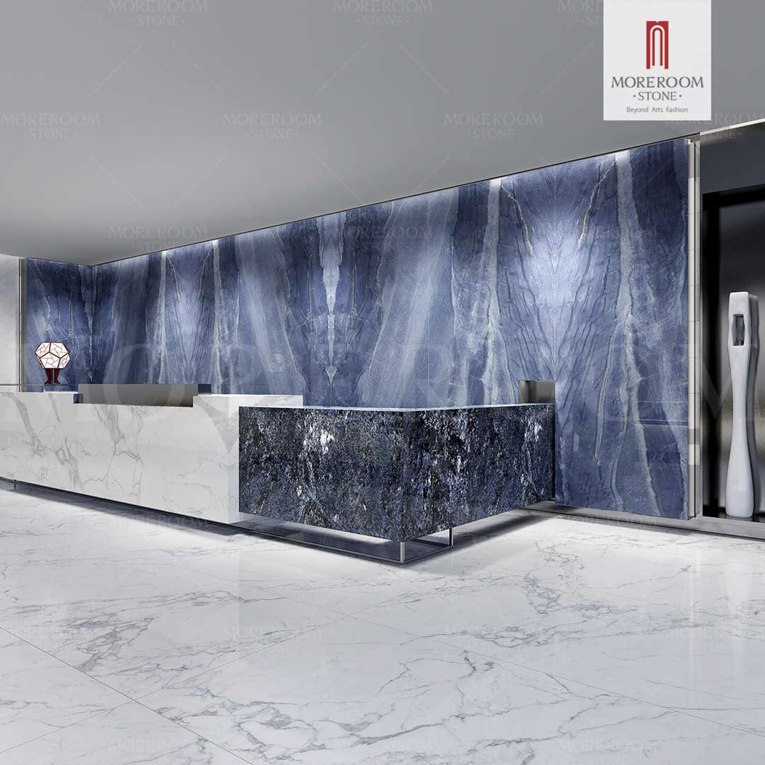 Polished Azul Blue Marble Look Large Format Sintered Stone Slabs For Tv Background Wall