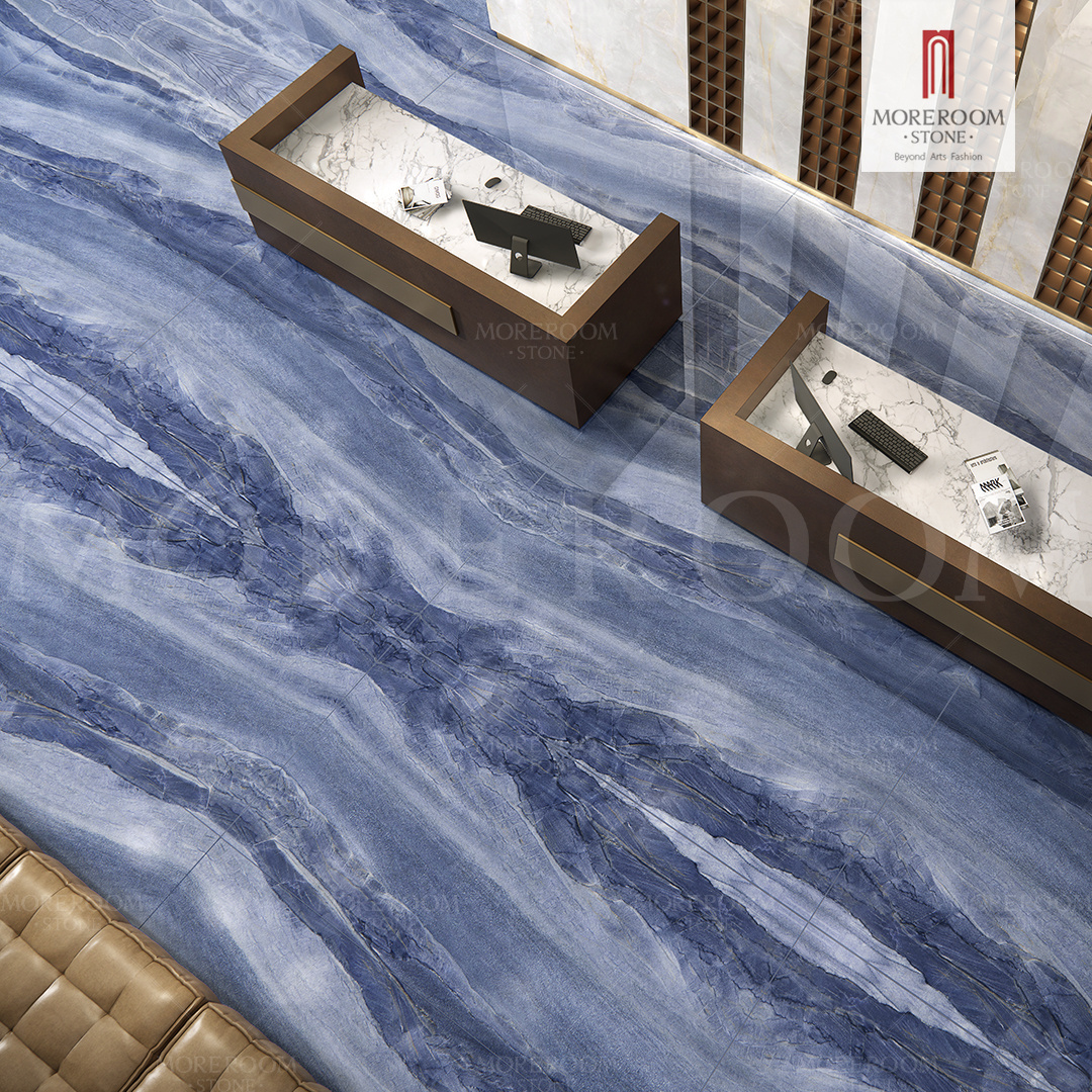 Polished Azul Blue Marble Look Large Format Sintered Stone Slabs For Tv Background Wall