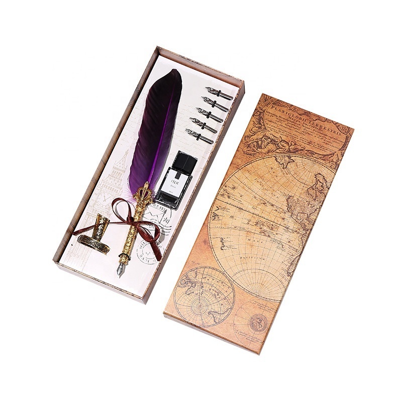 Quill Feather Pen and Ink Set Calligraphy Natural feather dip pen set with ink pen holder