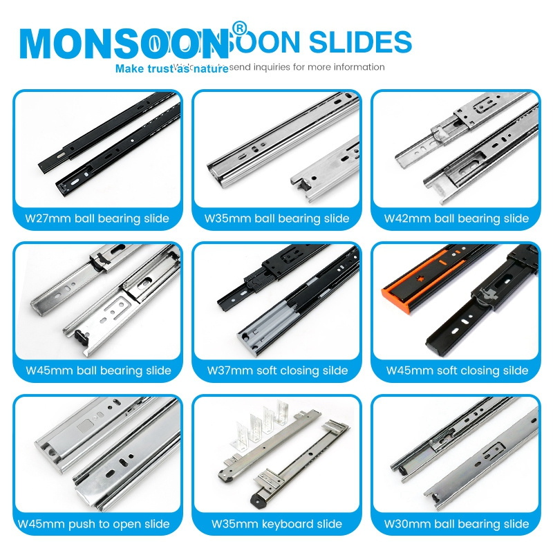 Monsoon 3/4 extension 2 fold 42mm ball bearing rail runners Heavy Duty Drawer Slide for furniture cabinet