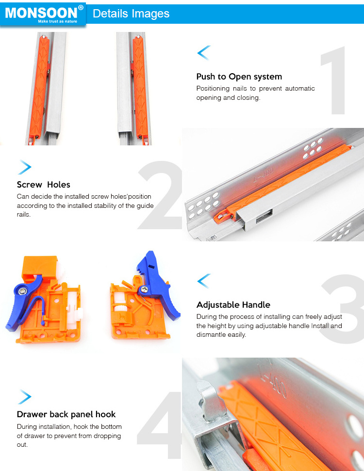 hidden drawer rails Heavy duty Telescopic undermount drawer slides soft close concealed slide drawer box package