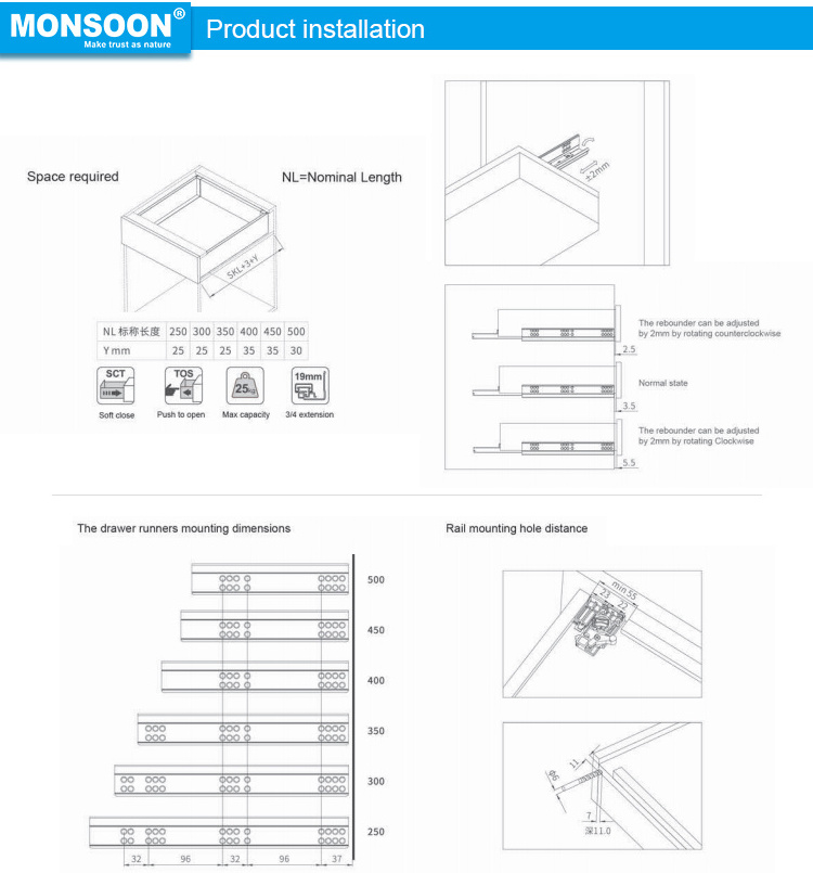 hidden drawer rails Heavy duty Telescopic undermount drawer slides soft close concealed slide drawer box package