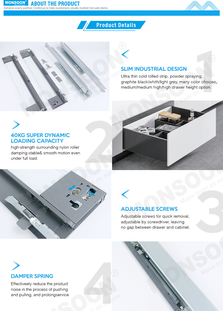 metal sliding drawer box Manufacture Adjustable Soft Close  Metal Double Wall Drawer Guide Slide System for Kitchen Cabinet